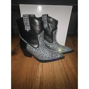 Rhinestone Cowboy Ankle Boots Women's Pointed Toe Chunky Heel Black Size 6 Wide